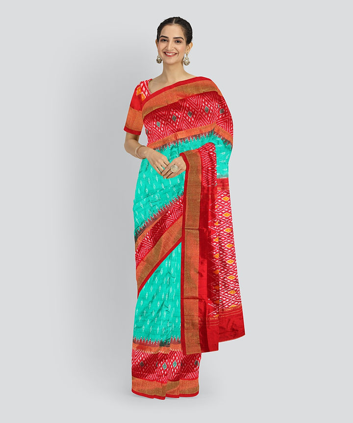 Turquoise red silk handloom pochampalli ikkat saree