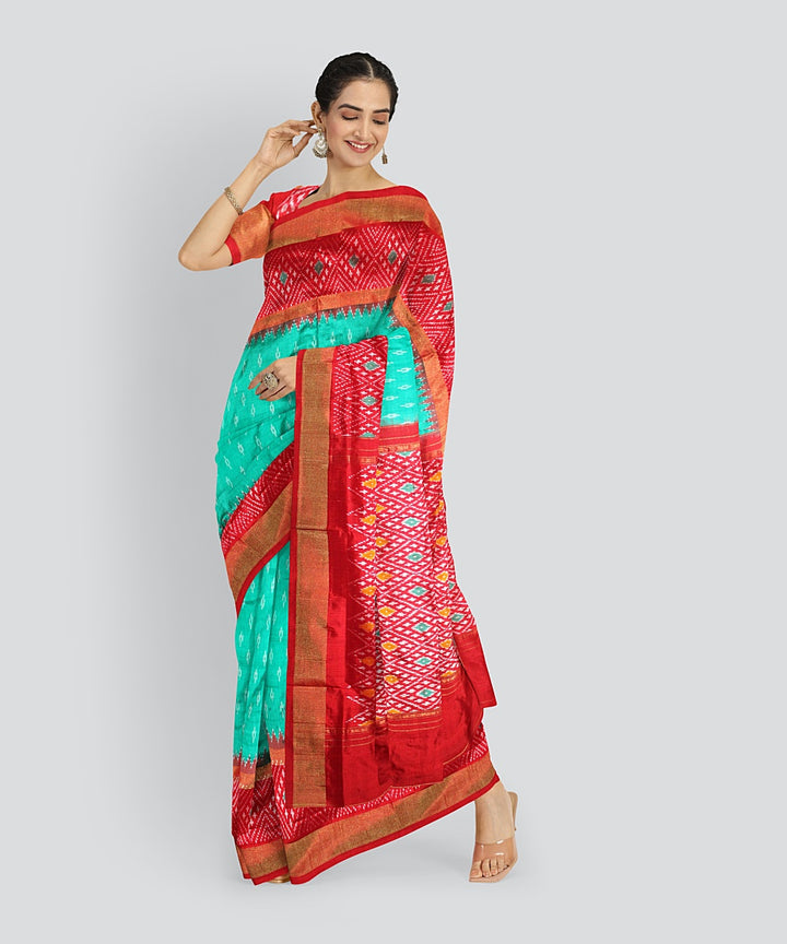 Turquoise red silk handloom pochampalli ikkat saree