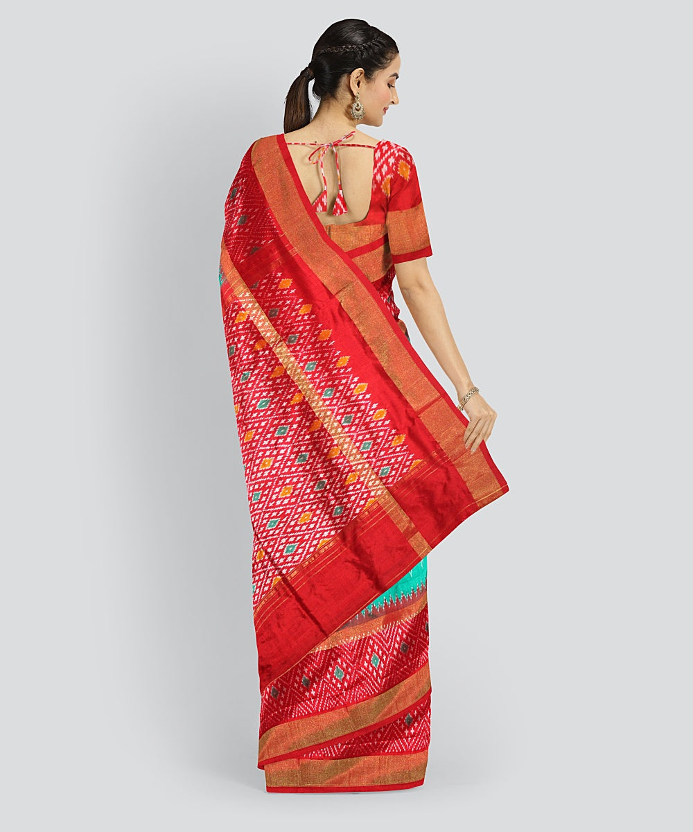 Turquoise red silk handloom pochampalli ikkat saree