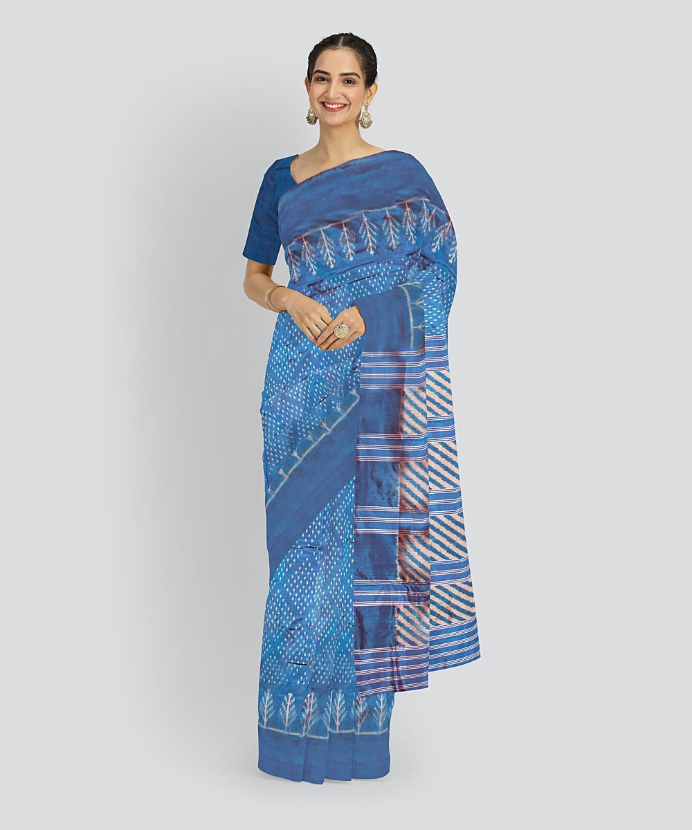 Cyan blue white silk handloom pochampalli ikkat saree