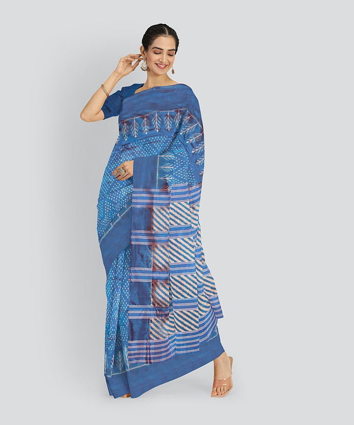 Cyan blue white silk handloom pochampalli ikkat saree