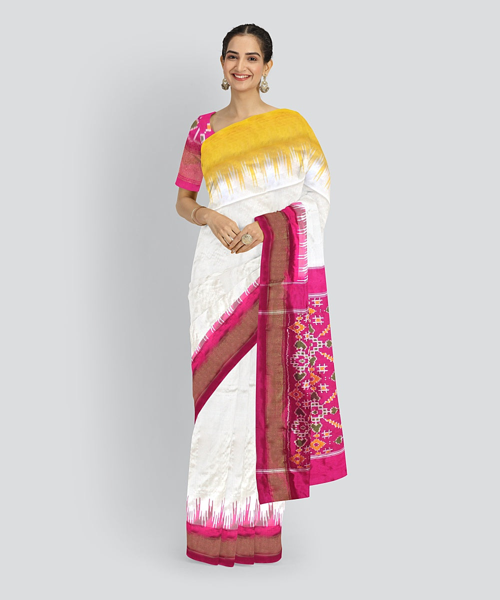 White pink silk handloom pochampalli ikkat saree