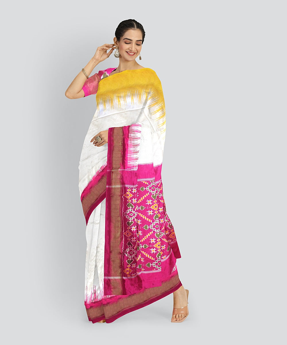 White pink silk handloom pochampalli ikkat saree