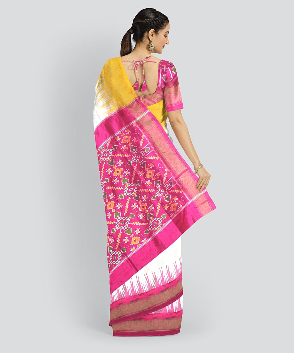 White pink silk handloom pochampalli ikkat saree