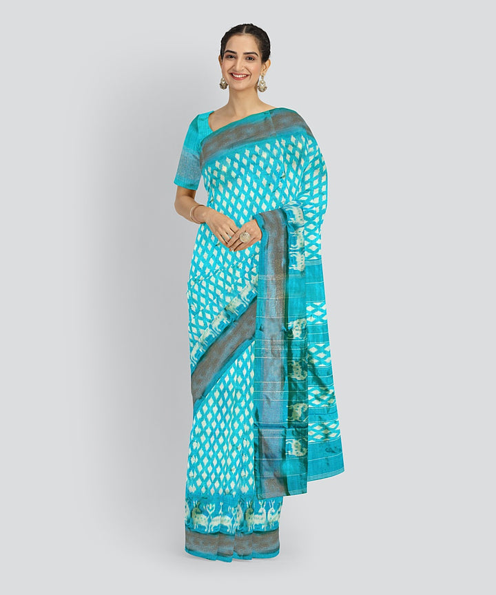 Cyan green white silk handloom pochampalli ikkat saree