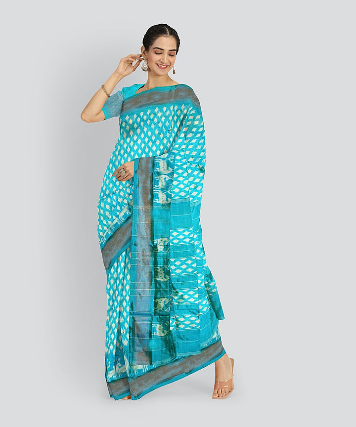 Cyan green white silk handloom pochampalli ikkat saree