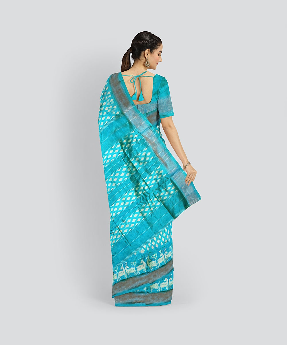 Cyan green white silk handloom pochampalli ikkat saree