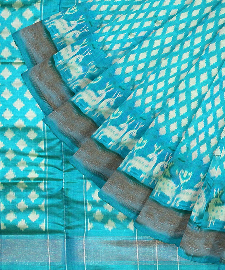 Cyan green white silk handloom pochampalli ikkat saree