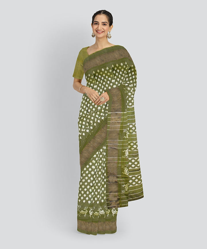Olive green white silk handloom pochampalli ikkat saree