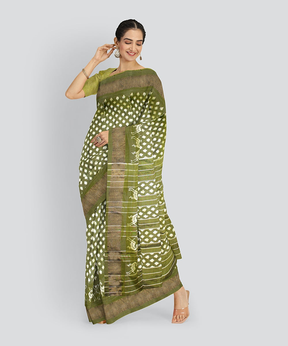 Olive green white silk handloom pochampalli ikkat saree