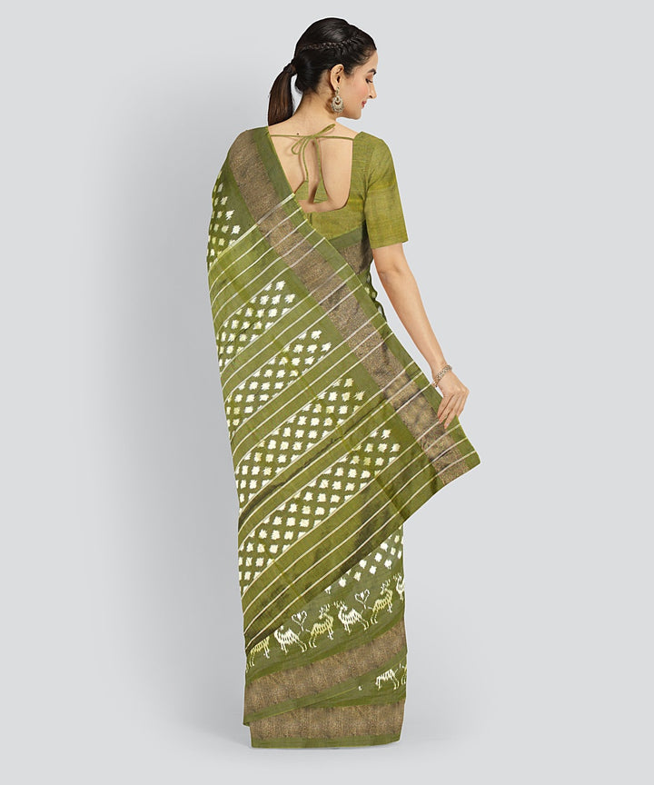 Olive green white silk handloom pochampalli ikkat saree