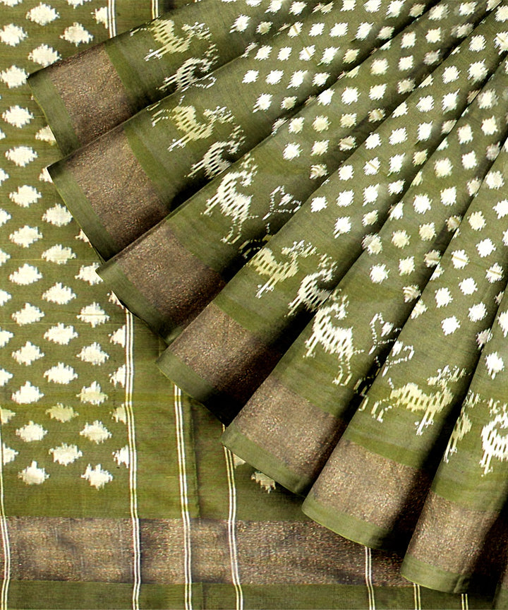 Olive green white silk handloom pochampalli ikkat saree