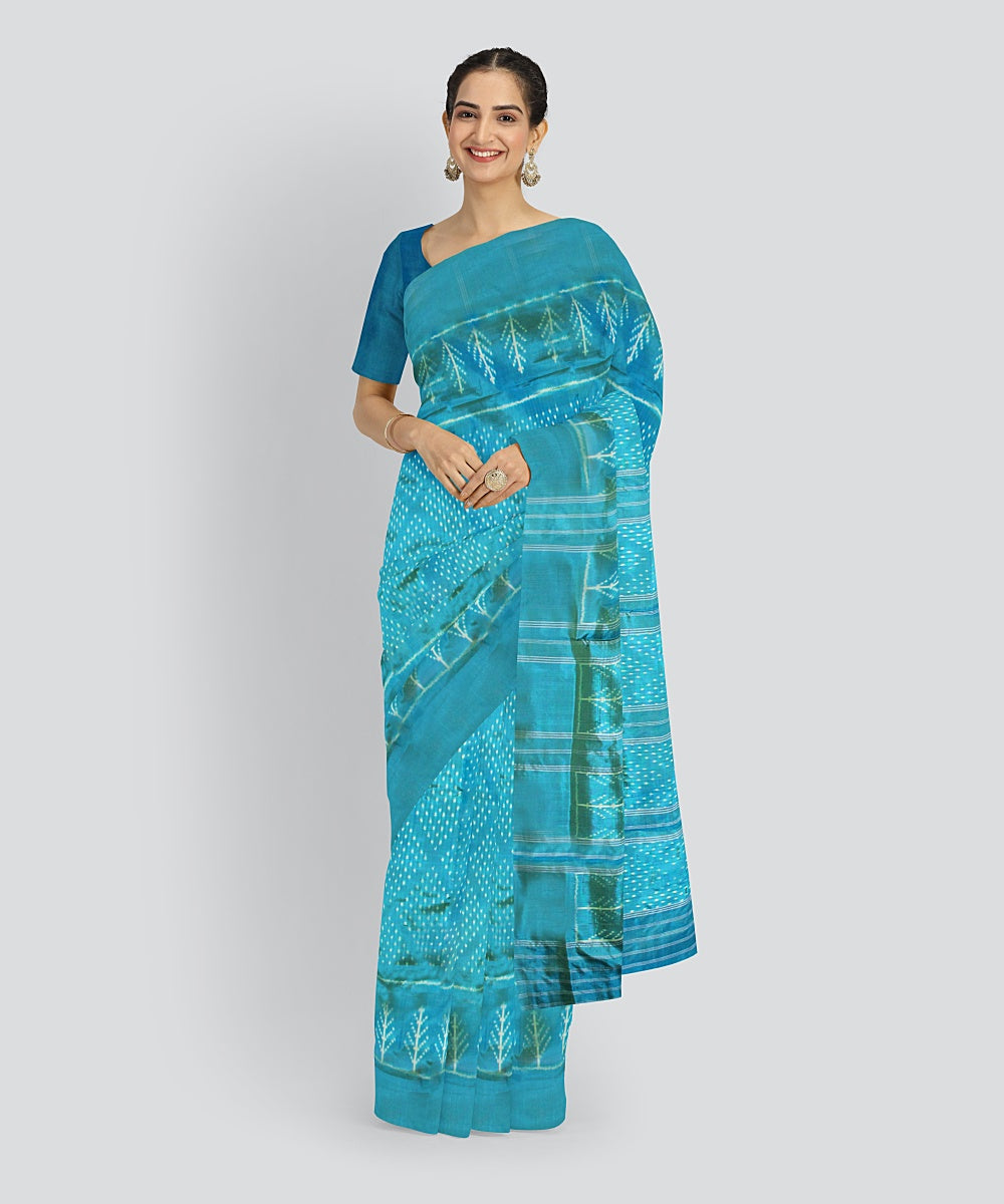 Teal green white silk handloom pochampalli ikkat saree