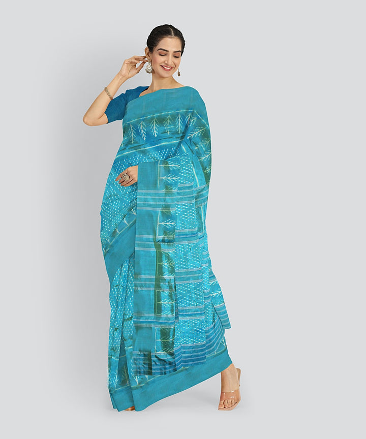 Teal green white silk handloom pochampalli ikkat saree
