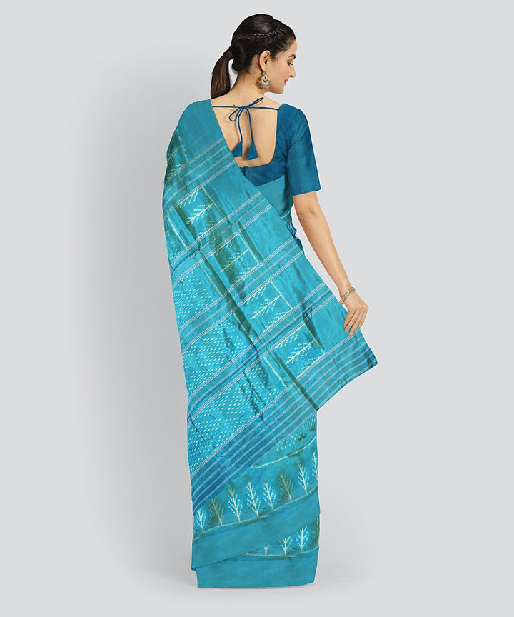 Teal green white silk handloom pochampalli ikkat saree