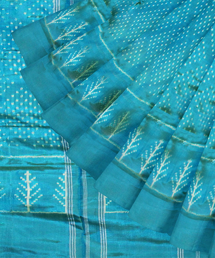 Teal green white silk handloom pochampalli ikkat saree