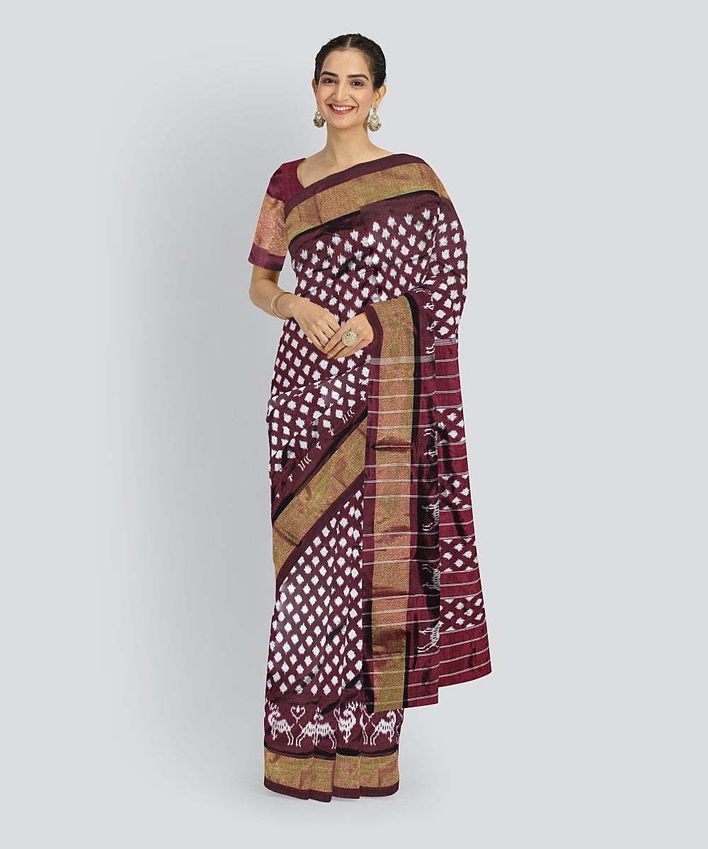 Brown white silk handloom pochampalli ikkat saree