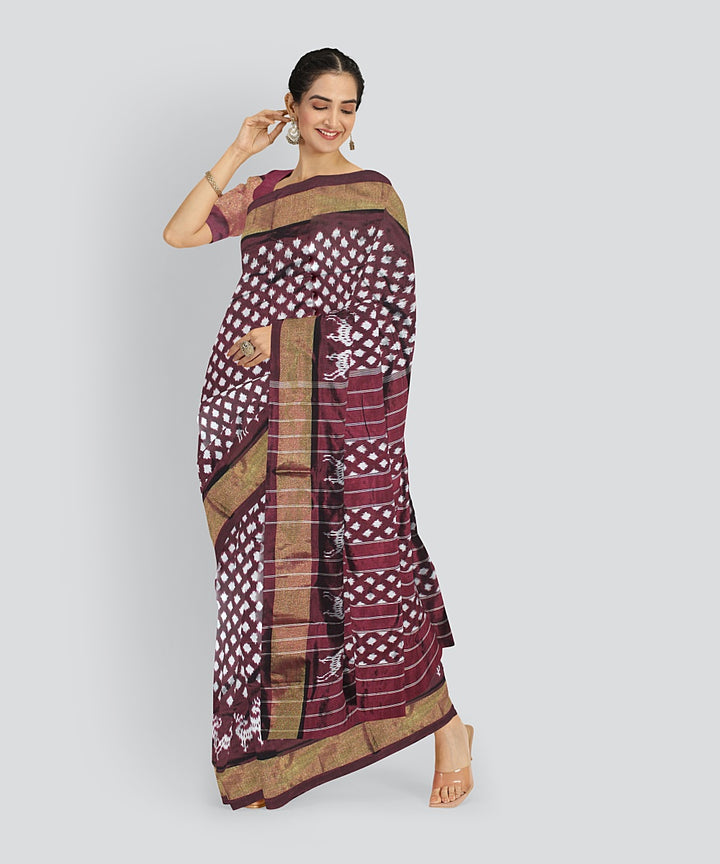 Brown white silk handloom pochampalli ikkat saree