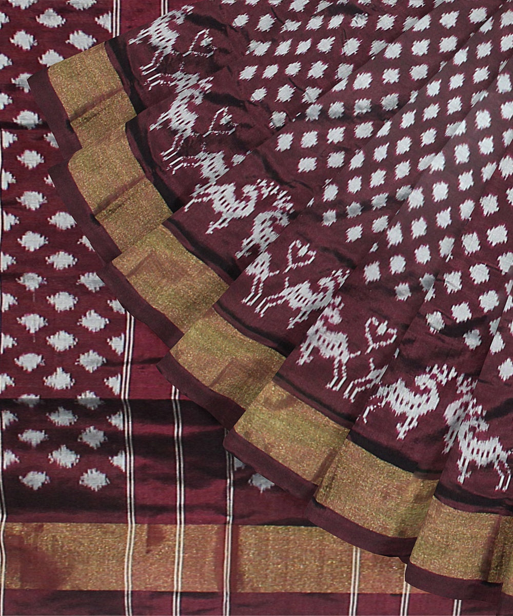 Brown white silk handloom pochampalli ikkat saree