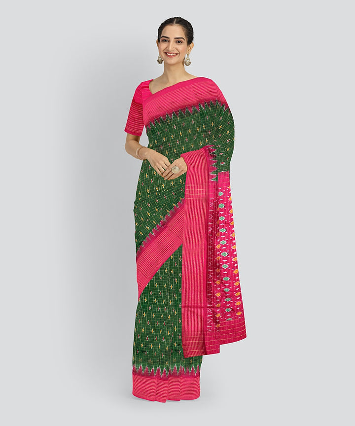 Dark green checks pink silk handloom pochampalli ikkat saree