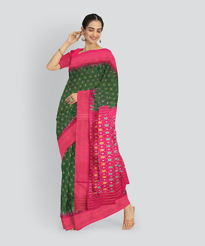 Dark green checks pink silk handloom pochampalli ikkat saree