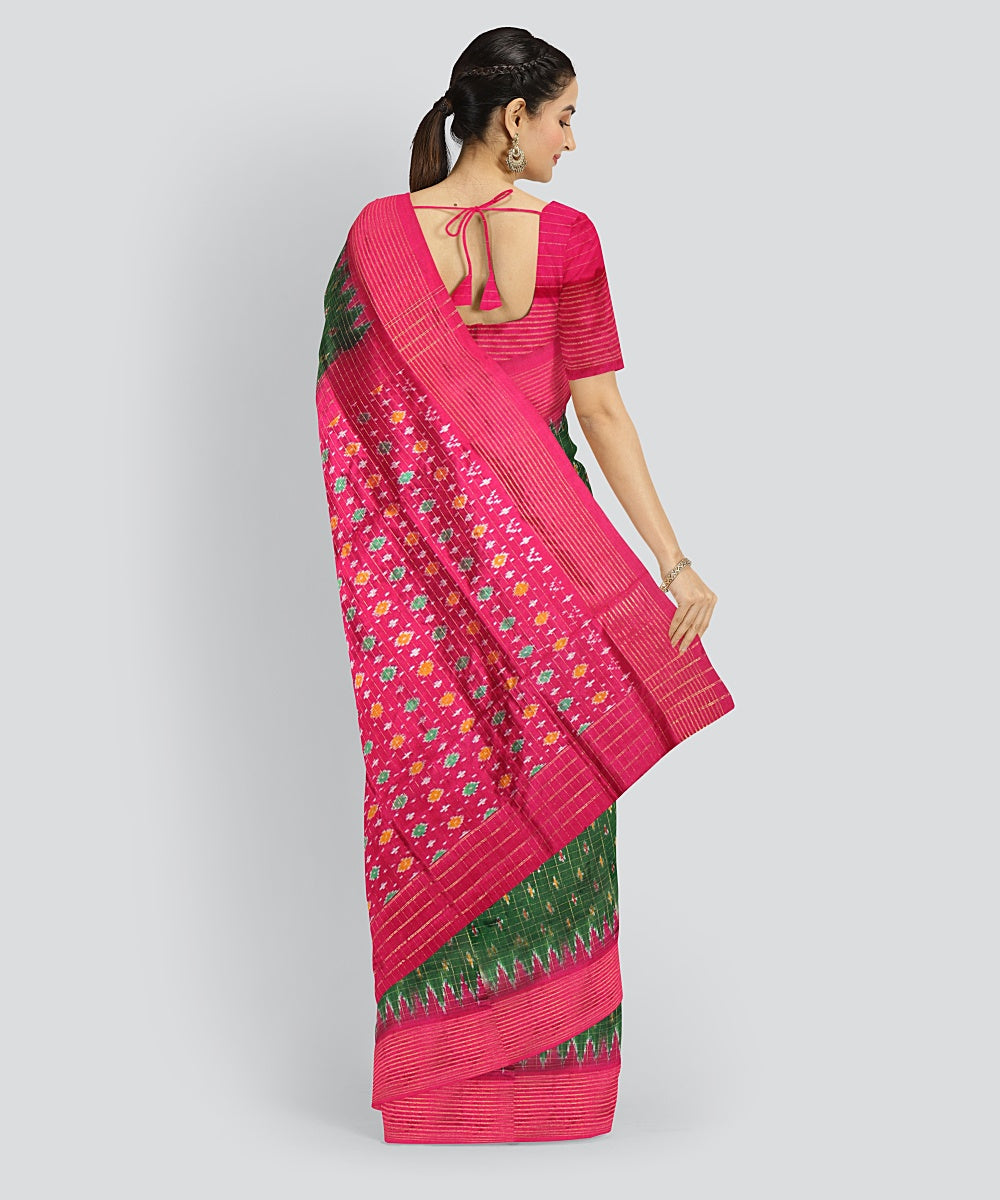 Dark green checks pink silk handloom pochampalli ikkat saree