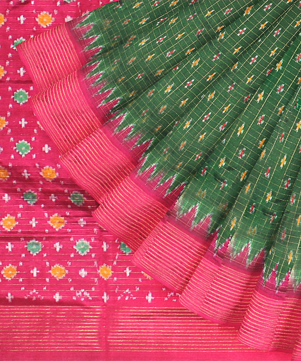 Dark green checks pink silk handloom pochampalli ikkat saree