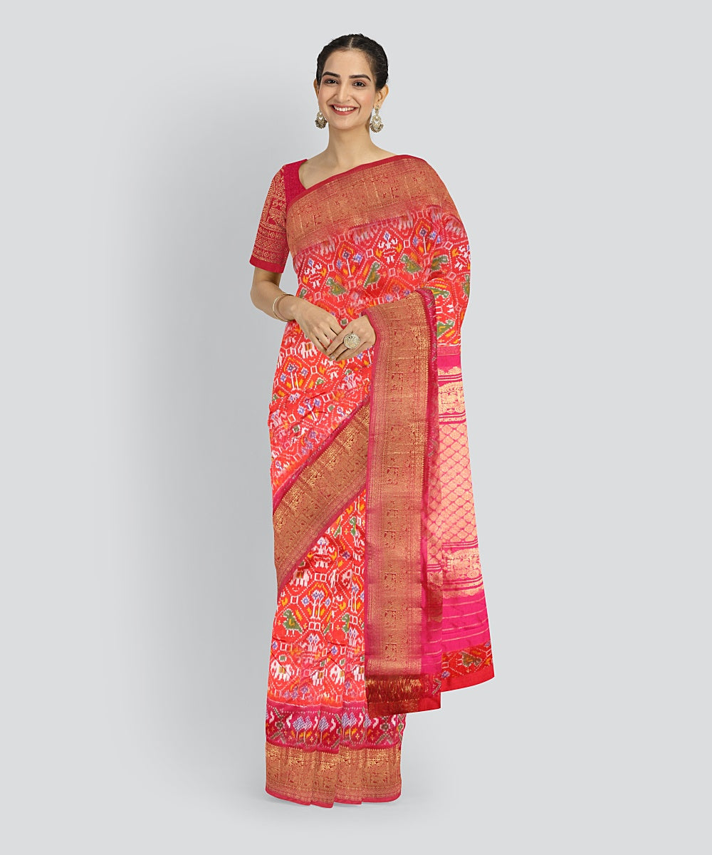 Orange red silk handloom pochampalli ikkat saree