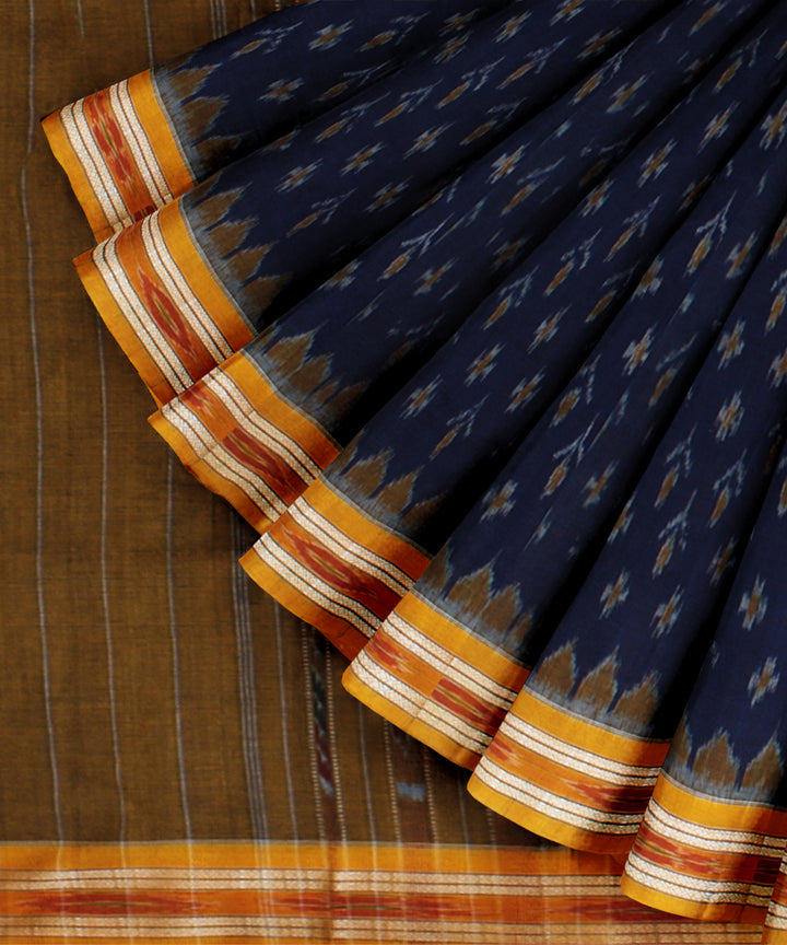 Navy blue yellow cotton handwoven nuapatna saree