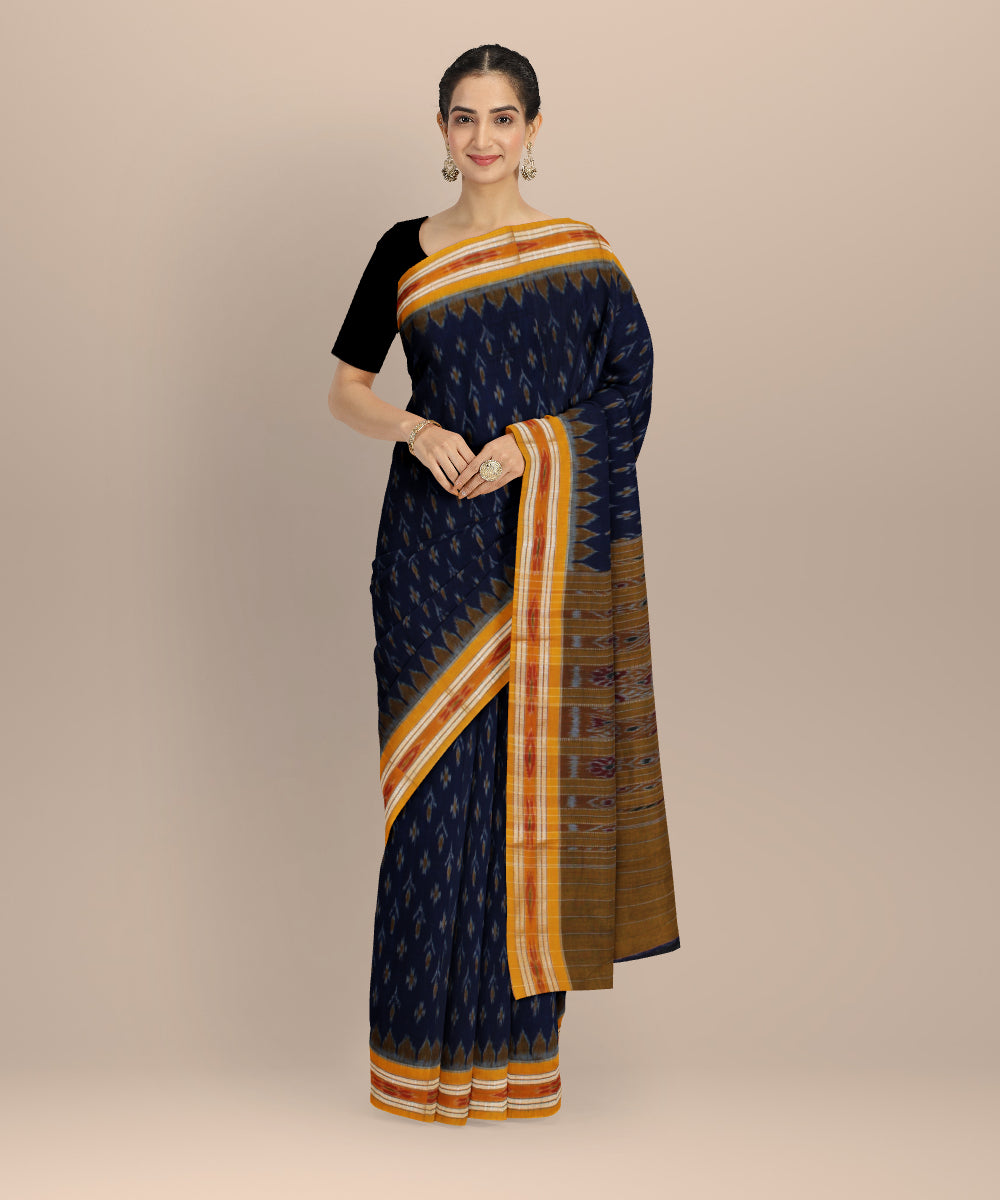 Navy blue yellow cotton handwoven nuapatna saree