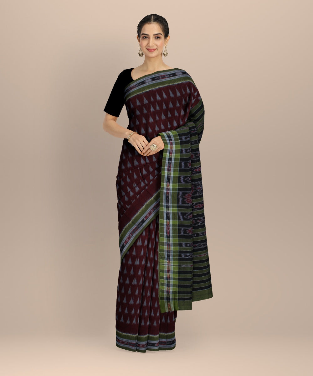 Red olive green cotton handwoven nuapatna saree