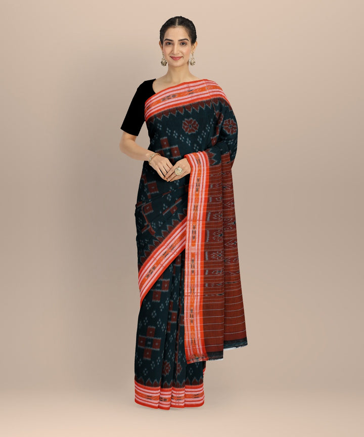 Dark green orange cotton handwoven nuapatna saree