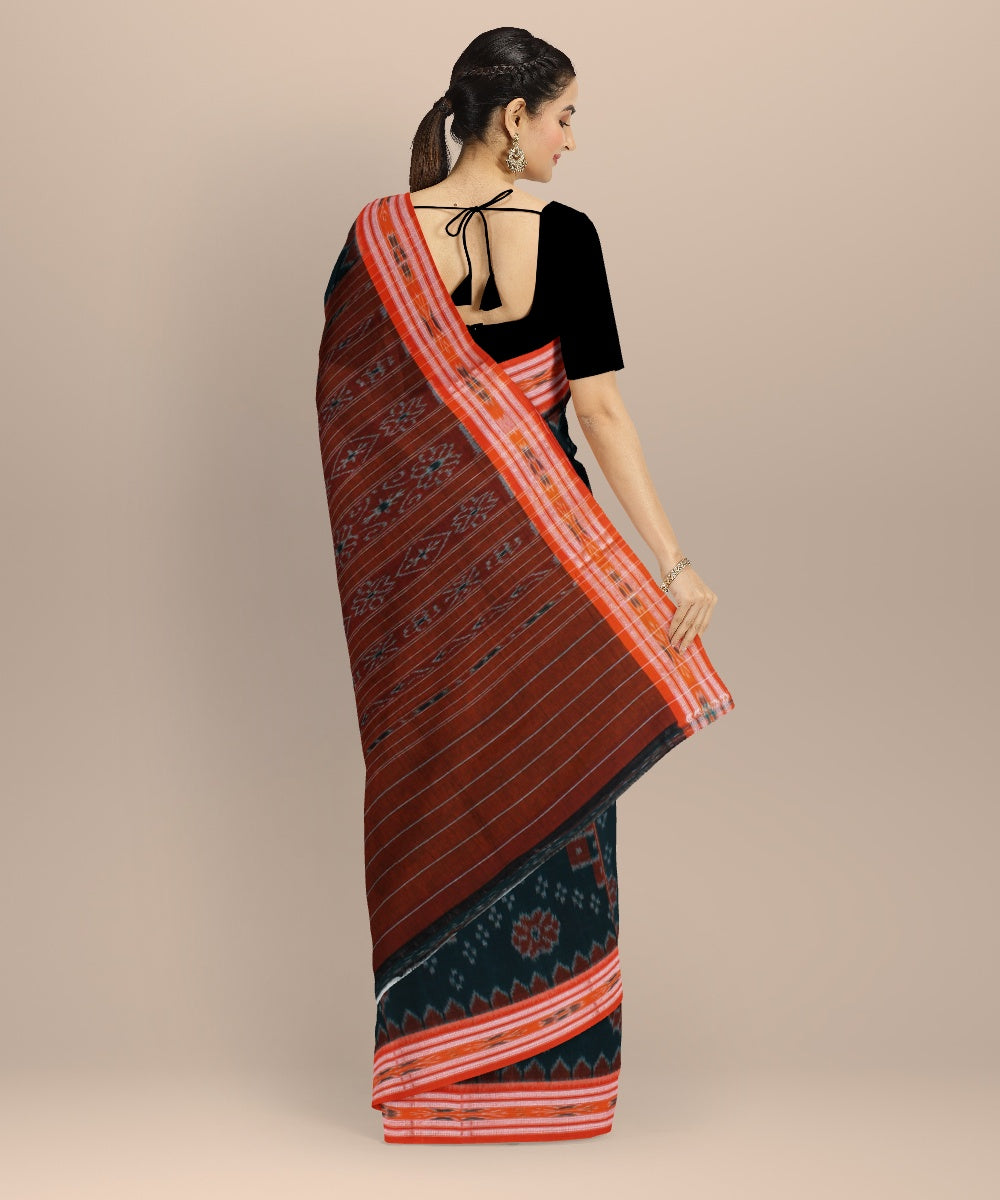 Dark green orange cotton handwoven nuapatna saree