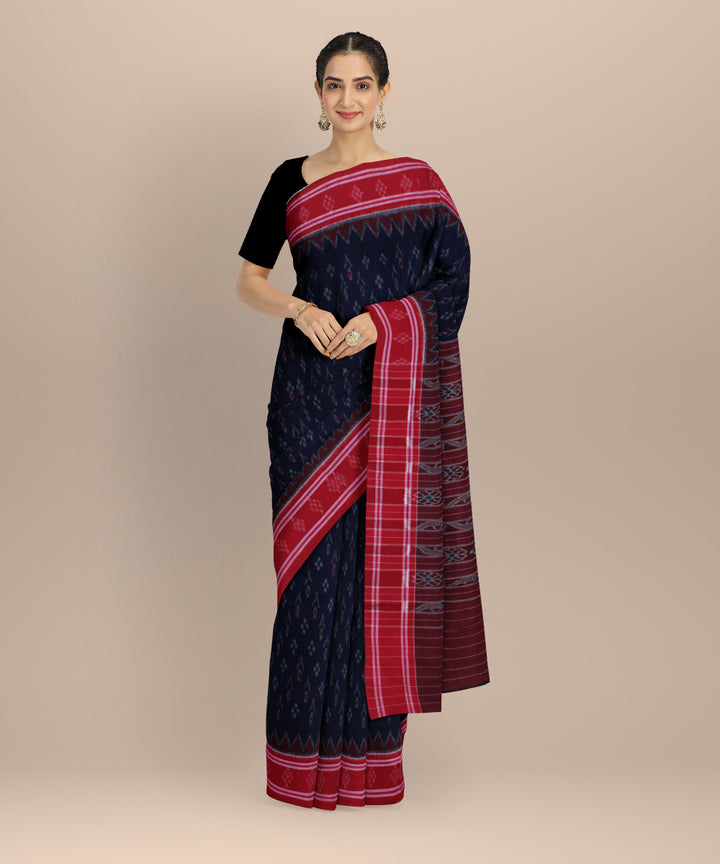 Navy blue red handwoven nuapatna cotton saree