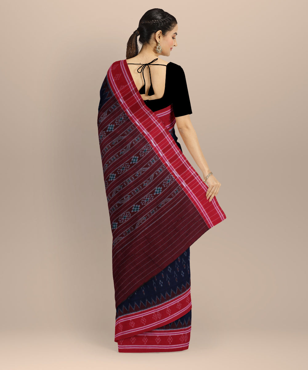 Navy blue red handwoven nuapatna cotton saree