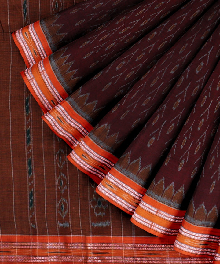 Brown mustard cotton handwoven nuapatna saree