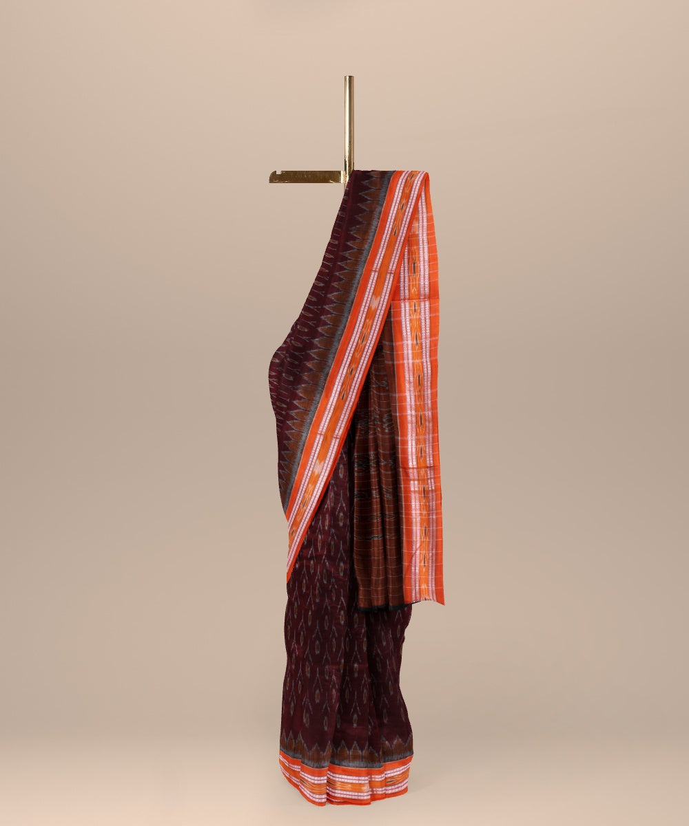 Brown mustard cotton handwoven nuapatna saree