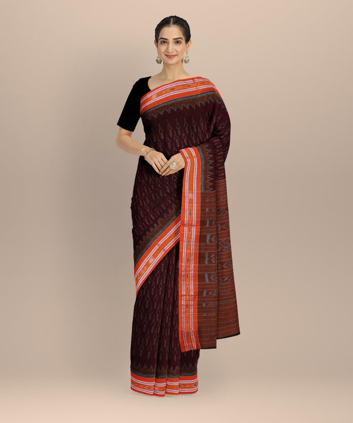 Brown mustard cotton handwoven nuapatna saree