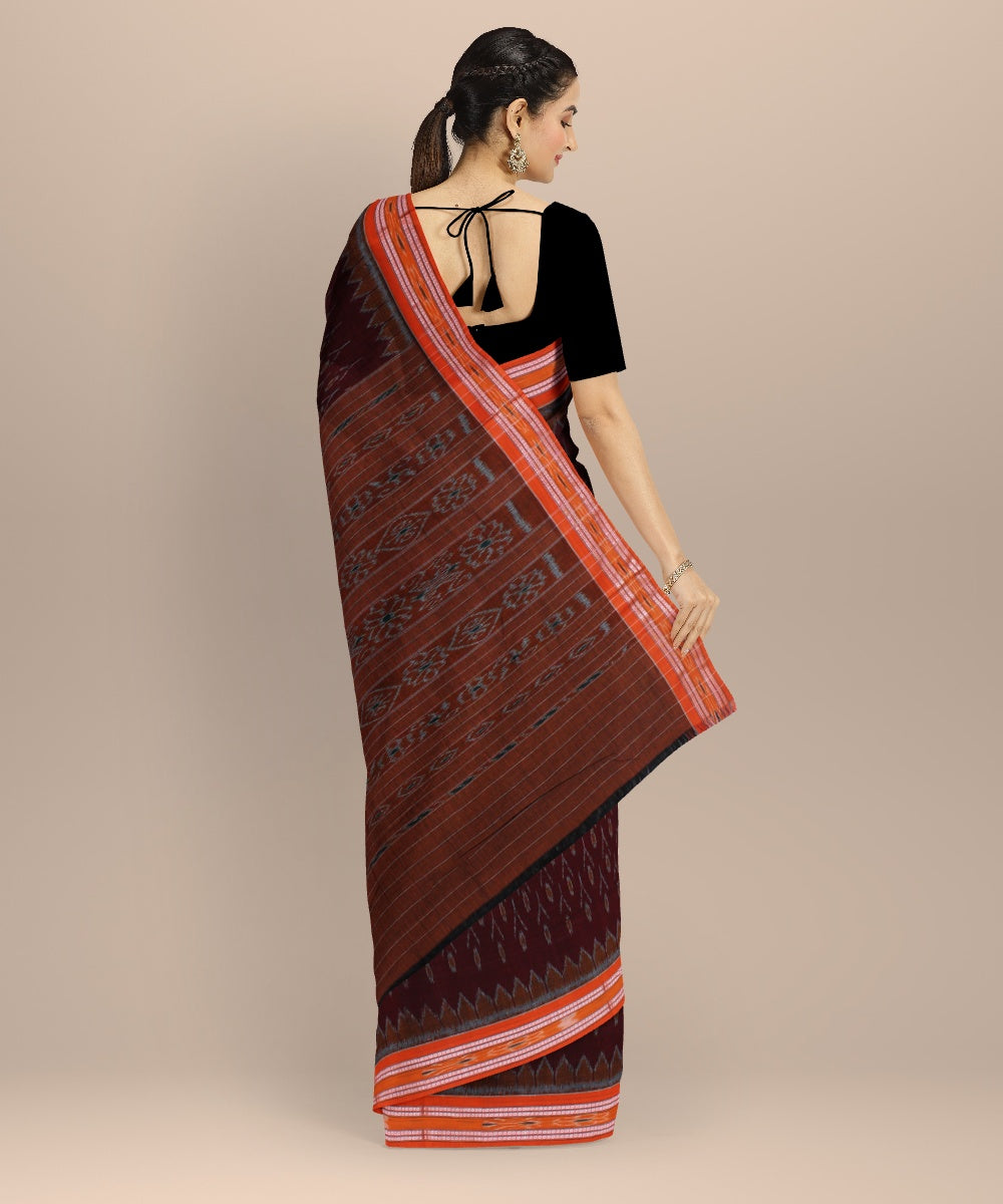 Brown mustard cotton handwoven nuapatna saree