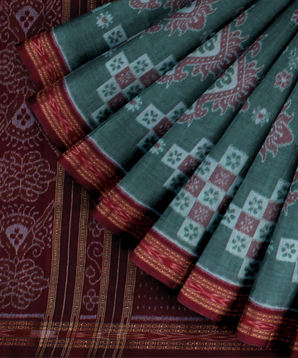 Light green maroon handwoven cotton nuapatna saree