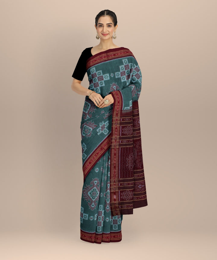 Light green maroon handwoven cotton nuapatna saree