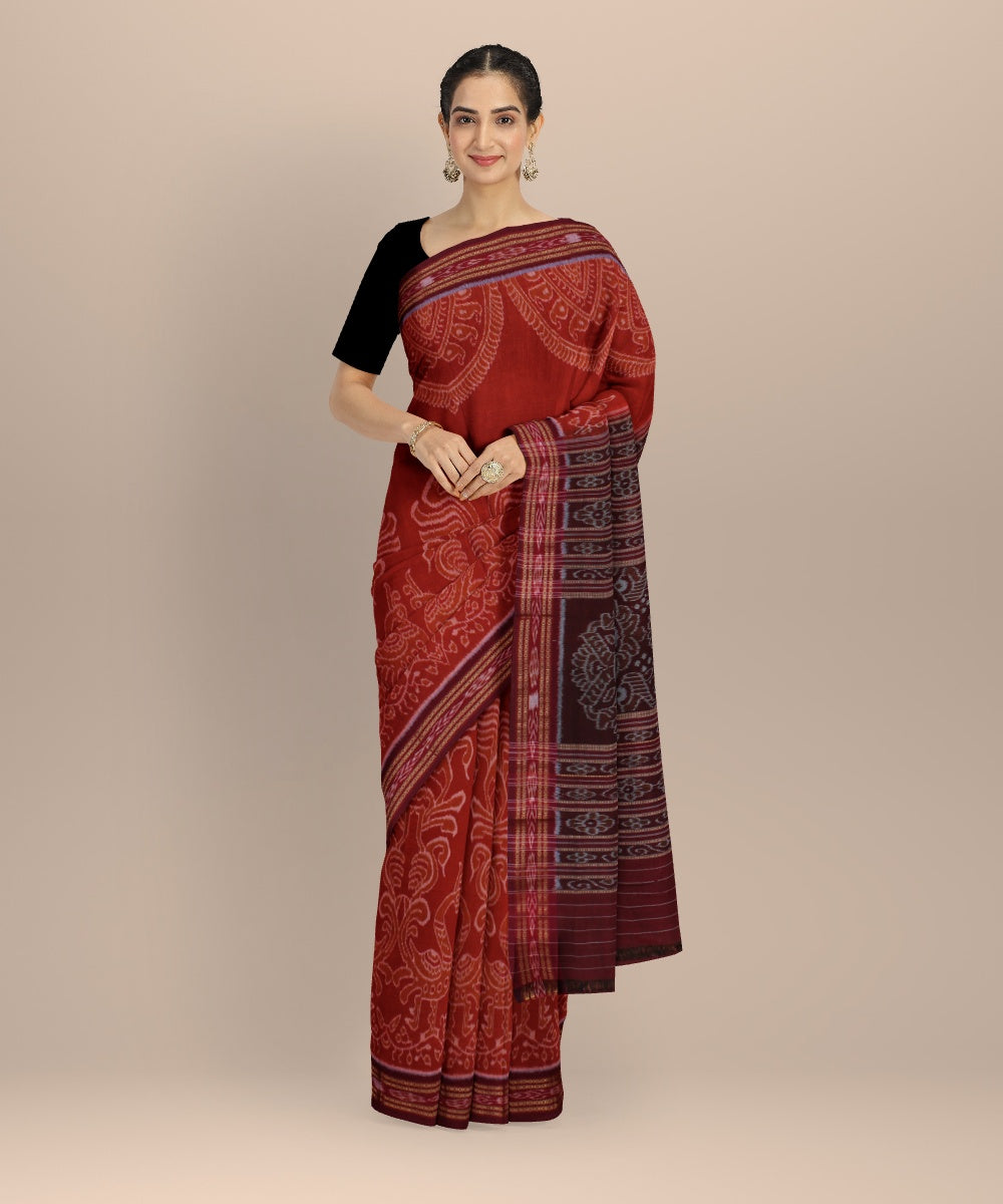 Brown maroon cotton handwoven nuapatna saree