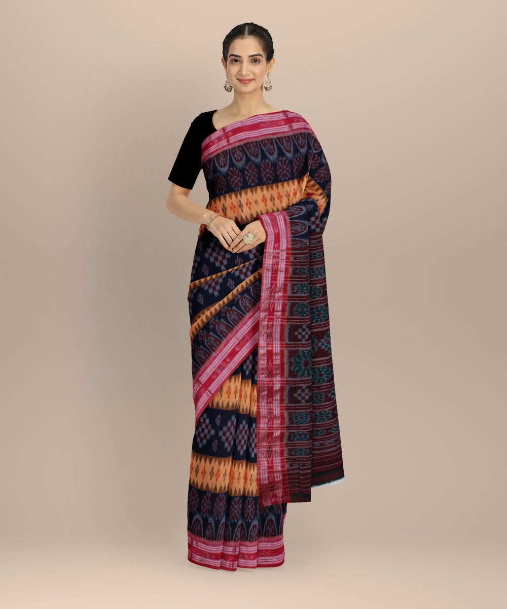 Navy blue beige cotton handwoven nuapatna saree