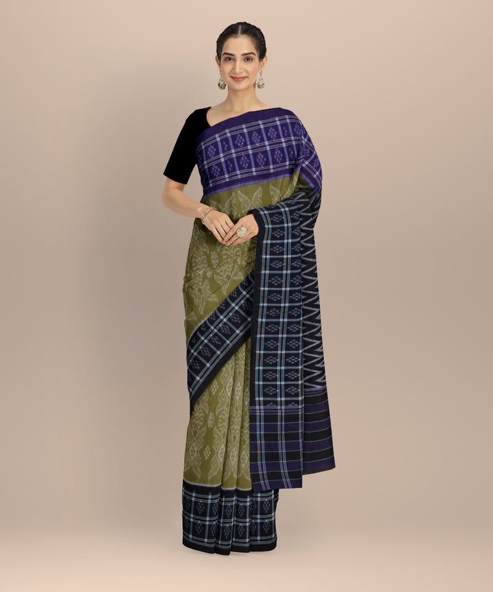 Olive green navy blue cotton handwoven nuapatna saree