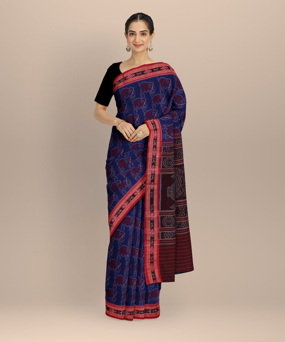 Navy blue red handloom nuapatna cotton saree