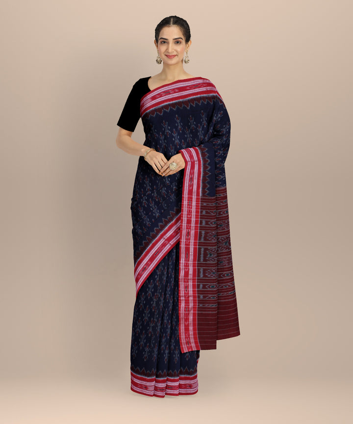 Navy blue red handwoven cotton nuapatna saree