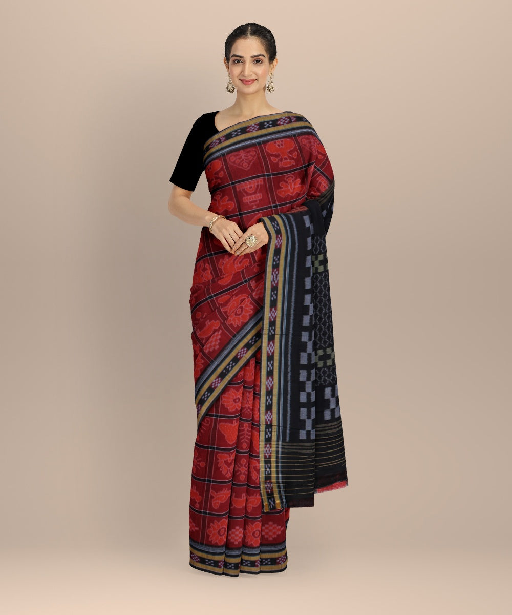 Brown rust cotton handwoven nuapatna saree