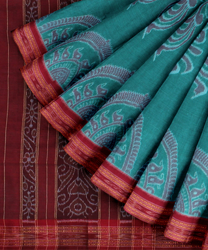 Light green maroon cotton handwoven nuapatna saree