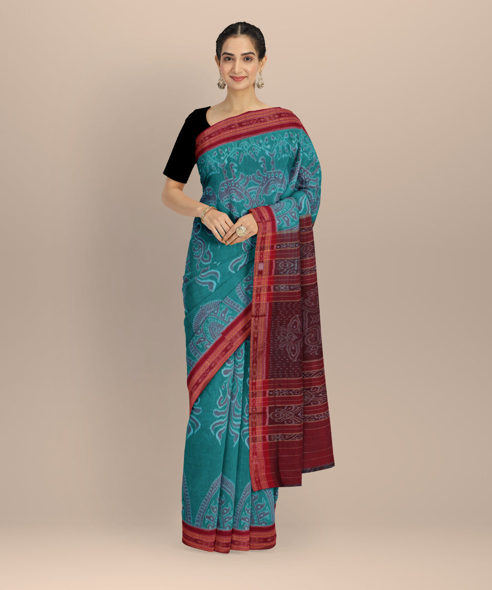 Light green maroon cotton handwoven nuapatna saree