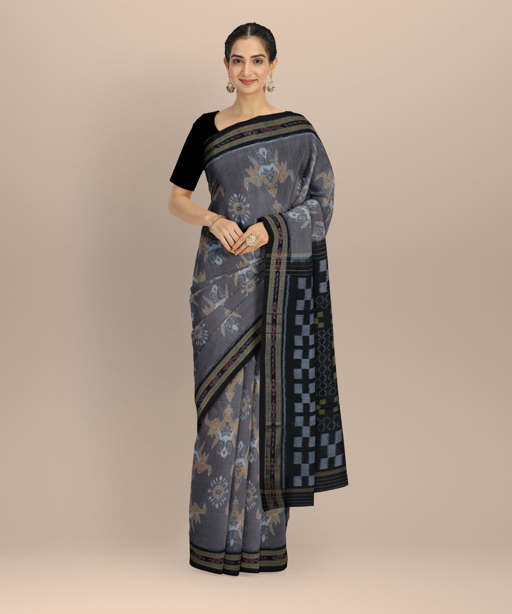 Brown black cotton handwoven nuapatna saree